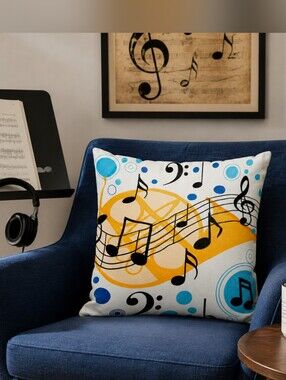 Music Note Throw Pillow Cover in Yellow, Blue & White